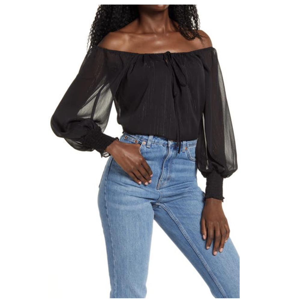 WAYF x BFF Sarah Metallic Off the Shoulder Top